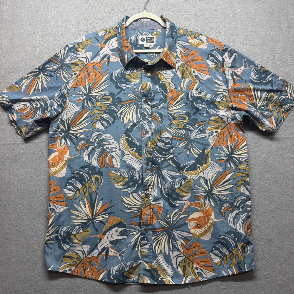 Salty Crew Mens XXL Blue Tropical Fish Marlin Monstera Short Sleeve Button Shirt
